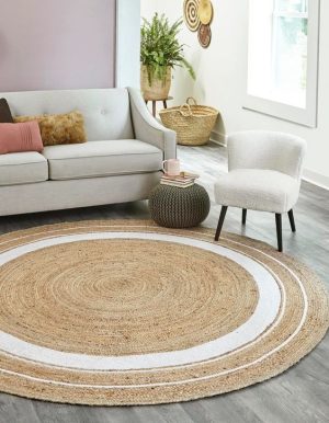 Hand Braided Jute Round Rug With White Circle