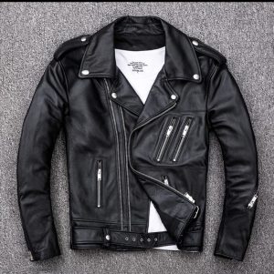 Genuine Leather Biker Jacket with belt and Two Chest Pocket